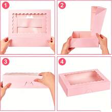 10PCS Window Bread Box, 12 X 8 X 2.5 Inches, White Large Cookie Box, Auto-Pop-Up Food Container For Pies, Cakes, Muffins, Donuts And Pastries, Party, Holiday, Wedding, Birthday - Pink - View 12