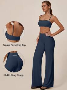 TimeOff Women's One Set Solid Color Spaghetti Strap Backless Bra High Waist Tummy Control Wide Leg Pants Sports Set - Blue - View 10