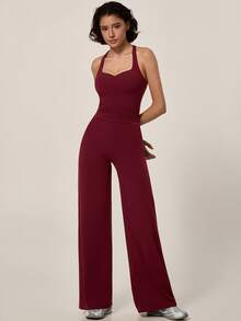 TimeOff Conjunto deportivo de mujer de un solo color con camiseta de tirantes de espalda nadadora con relleno extraíble y pantalones de cintura alta de pierna ancha - Rojo - Ver 9