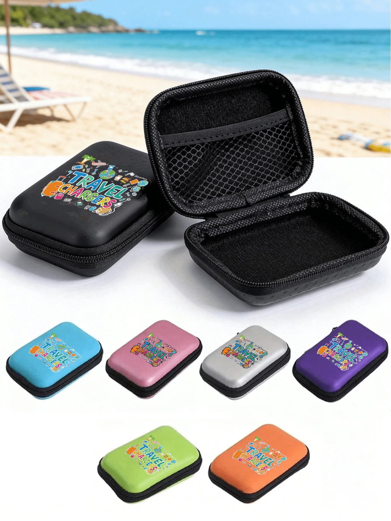Bolsa Organizadora Digital Portátil de Casca Rígida de EVA Durável com Padrão de Letras "Carregadores de Viagem", Bolsa de Armazenamento de Produtos Eletrônicos, Mini Bolsa de Maquiagem, Organizador de Batom, Para Armazenar Acessórios Eletrônicos, Fones de Ouvido, Carregadores, Moedas, Produtos de Cuidados com a Pele de Tamanho de Viagem, Adequado para Férias, Dormitório, Escritório, Viagem, Presente de Aniversário Perfeito, Presente de Volta às Aulas, Presente de Abertura de Escola, Presente do Dia do Professor - Multicolorido - Visão 1