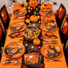 10pcs/20pcs/40pcs/60pcs Vintage Halloween Paper Tableware Set, Black Cat Ghost Tree 7/9 Inch Paper Plates 6.5 Inch Napkins, Orange & Black Halloween Party Supplies, Halloween Birthday Haunted House Theme Party Decoration Dinner Dessert Plates Napkins Set - Multicolor - View 5