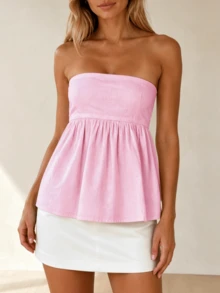 Women Summer Babydoll Tube Top Y2k Solid Color Strapless Off The Shoulder Loose Fit Flowy Bandeau Crop Tops Backless Sleeveless Going Out Vest Shirt - 粉色 - 查看 1