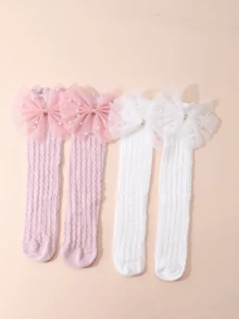2 Pairs Girls Children Sweet Style Bow Mid-Calf Socks White / Pink Breathable Mid-Calf Socks Suitable For Daily Wear, Party Outfits - Multicolor - View 3