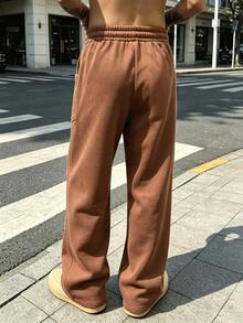 Celana Sweatpants Longgar Model Lebar Lurus untuk Musim Semi/Gugur dengan Tali Serut di Pinggang, Potongan Menjuntai, Celana Kasual Serbaguna untuk Pria - Coklat - View 3