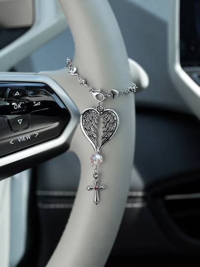 Vintage Melek Tüyü Haçlu Araba Direksiyonu Asma Süsü, Dini İnanç Temalı Araba Dikiz Aynası Zincir Kolyesi, Retro Gümüş Direksiyon Asma Dekorasyonu İç Aksesuarı, Kadın ve Erkek Sürücüler İçin Uygun