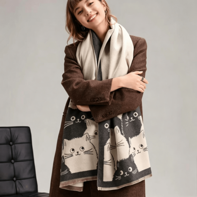 1PC Faux Cashmere Cute Cartoon Colorblock Cat Pattern Jacquard Warm Scarf Neck Warmer Shawl For Women, Autumn/Winter Fashion Versatile Air Conditioning Wrap, Suitable For Matching And Decoration, Stylish And Elegant