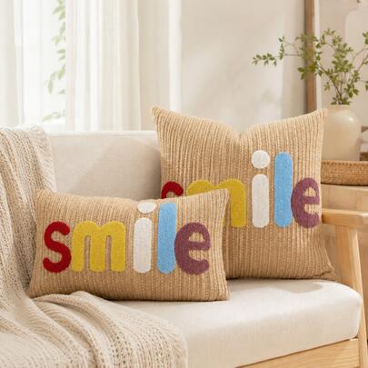 1件/2件 農舍海岸風「Smile」字母抱枕套，彩色簇絨刺繡編織靠墊套，隱形拉鍊，鄉村風裝飾枕套（不含枕芯），適用於沙發、臥室、客廳、戶外花園、海灘居家裝飾