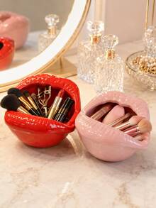 Glossy Red Lips Makeup Organizer, Vanity Storage Bowl For Brushes, Lipsticks, Mascara, Compacts And Beauty Tools; Creative Dressing Table Decor, Desktop Holder And Stylish Unique Gift For Makeup Lovers. - Classic - View 3