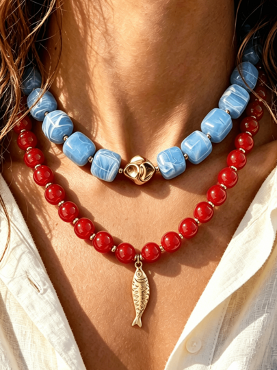 2/1 pieza Conjunto de collar de cuentas con colgante de pez de acrílico grueso estilo bohemio vintage casual, collar cuadrado geométrico para mujeres, uso diario, cita, fiesta, vacaciones de verano en la playa, regalo de cumpleaños perfecto para la mejor amiga (ligera diferencia de color debido a la iluminación)