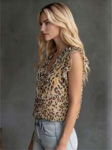 French Leopard Print V-Neck Ruffle Chiffon Blouse, Sleeveless Cinched Waist Slimming Casual Shirt For Commuting, Dating, Vacation, Elegant Summer - Orange - View 3