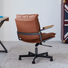 Home Office Desk Chair, Ergonomic Leather Computer Chair With Wheels And Oak Armrests, Height-Adjustable Swivel Executive Chair WL - 棕色真皮 - 查看 6