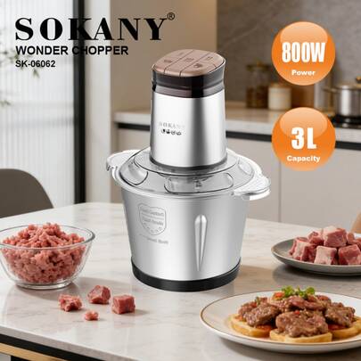 SOKANY 06062 Ev Tipi Elektrikli Kıyma Makinesi, Paslanmaz Çelik Gövde, 800W Saf Bakır Motor, 3L Büyük Kapasite, Çok Kademeli Ayarlanabilir Kalınlık, Dört Bıçaklı Hızlı Et Öğütme, Mantı, Poğaça, Köfte ve Et Köftesi Yapımı İçin Uygun