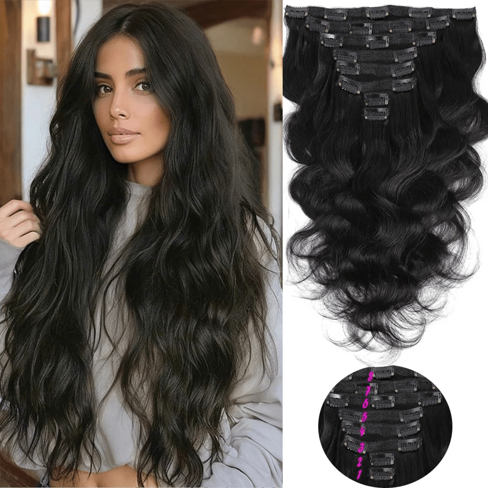 BINF Extensiones de cabello natural brasileño tipo clip con ondas, 120g, 8 piezas con 20 clips, extensiones de cabello Remy para toda la cabeza, 10-26 pulgadas, extensiones de cabello suaves y naturales para mujer, uso diario, fiesta, regreso a clases