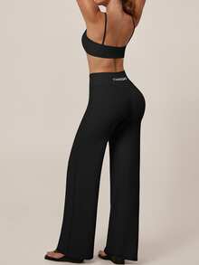 TimeOff Women's One Set Solid Color Spaghetti Strap Backless Bra High Waist Tummy Control Wide Leg Pants Sports Set - Black - View 8