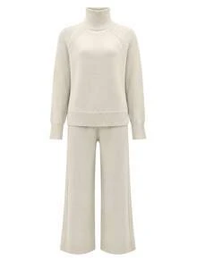 Damen Bescheidenes Outfit mit Hochhals Strickpullover und Weite Beinhose, Zweiteiler, Mittlere Dehnbarkeit für Herbst Alltagsmode - Aprikosenfarben - Übersicht 7