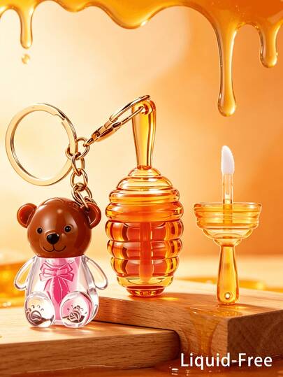 Cute Honey Bear Honey Jar 2-In-1 Keychain, Mini DIY Lip Gloss Lip Tint Empty Bottle, Portable Makeup Storage Container, Cartoon Girl Backpack Charm, Commuter Light Makeup Homemade Lip Gloss Empty Tube, Niche Creative Best Friend Birthday Gift