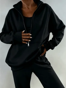 Women Solid Minimalist 2 Piece Loungewear Tracksuit Half Zip Stand Collar Oversized Drop Shoulder Sweatshirt Full Length Straight Leg Jogger Pants - Black - View 3