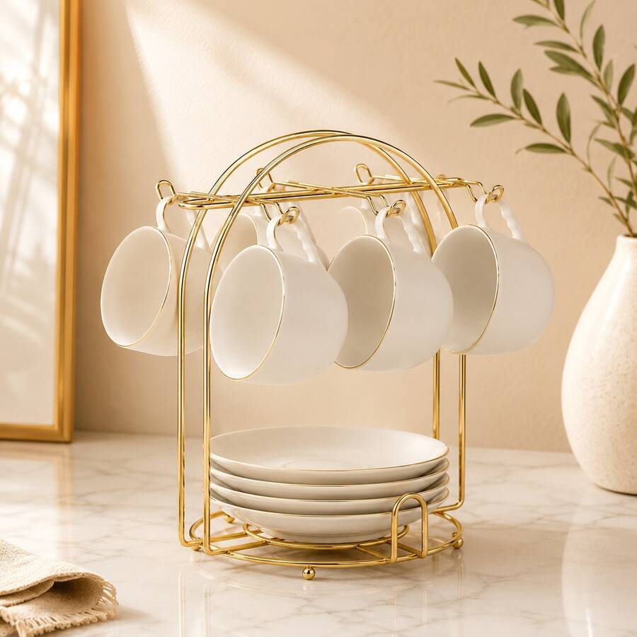 Gold Metal Coffee Cup & Saucer Storage Rack, 6-Cup Hanging Mug Display Stand For Kitchen And Coffee Bar Countertop (Rack Only) - [6-slot]Champagne Gold - View 1