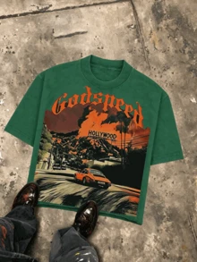 Holly Wood Hills Orange Sunset Distressed Biker Vintage Tee, Oversized 180g Raw Cotton, Summer Rebel Top For Men - 綠色 - 查看 1