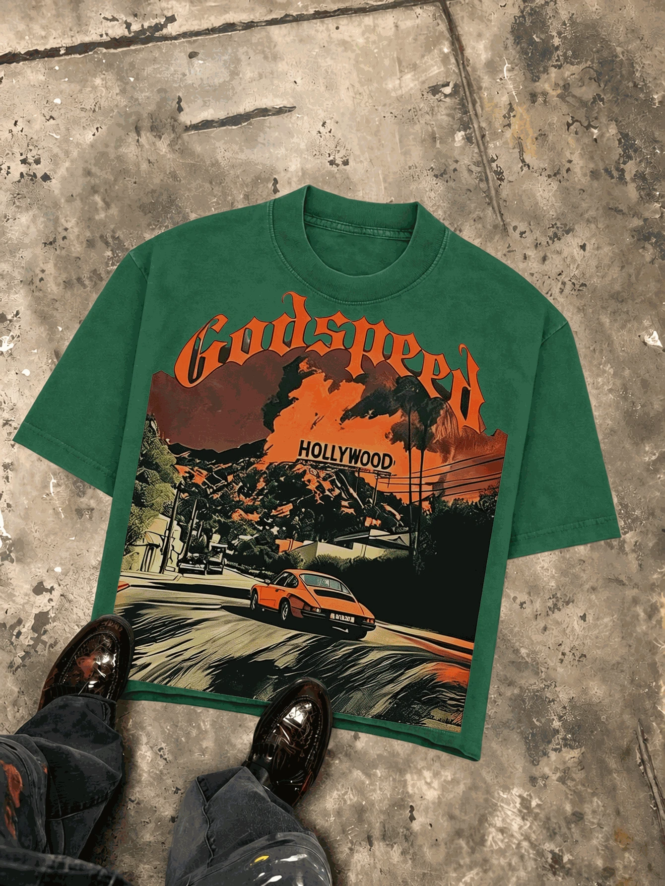 Holly Wood Hills Orange Sunset Distressed Biker Vintage Tee, Oversized 180g Raw Cotton, Summer Rebel Top For Men - 綠色 - 查看 1