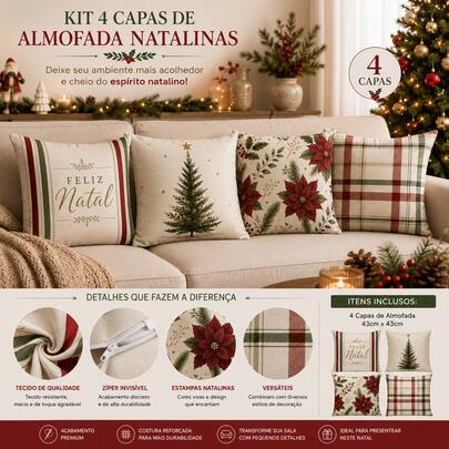 Kit 4 Capas de Almofada Natalinas 43x43 Decorativas Estampa Natal Zíper Invisível