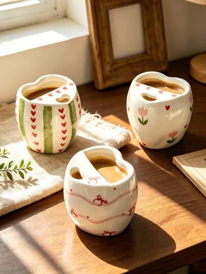 1pc INS Style Underglaze Floral Ceramic Mug With Straw, Hand-Painted Heart Stripe Bow Coffee Cup, Home Drinking Cup, Juice Beverage Cup, Couple Water Cup, Holiday Gift Cup