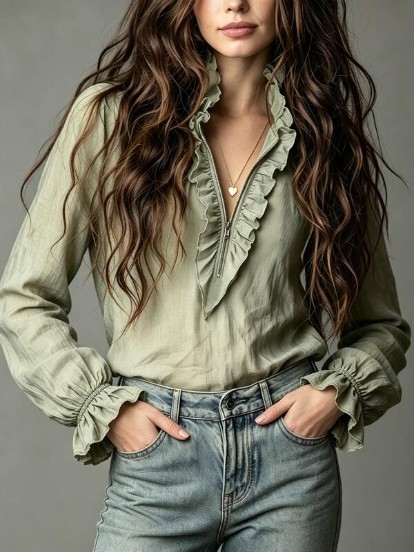 French Elegant Vintage Pleated Ruffle Half-Button Bohemian Commuter Long Sleeve Blouse For Women