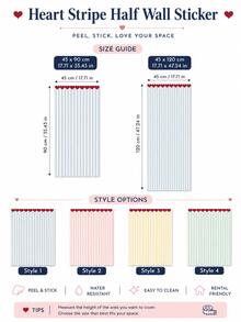 1pc/4pcs Heart Stripe Half Wall Decal, Removable & Peel And Stick Wall Sticker, Suitable For Bedroom, Living Room And Entryway, 4 Colors Available - Heart Pinstripe - View 4