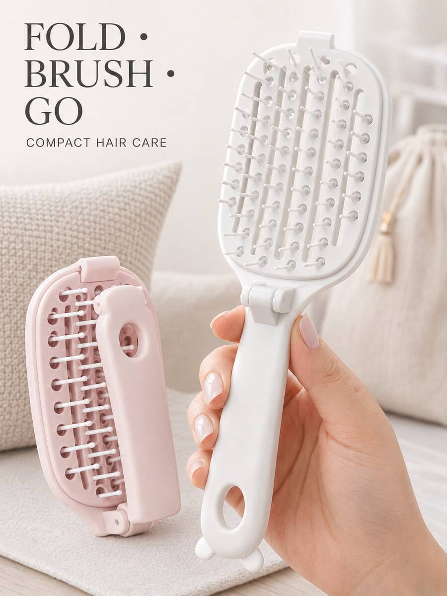 Sisir Wanita Portabel dengan Bantalan Pembersih, Dapat Dilipat, Sisir Bergaris untuk Wanita, Cocok untuk Semua Jenis Rambut, untuk Perjalanan/Perjalanan Bisnis/Penggunaan di Kantor