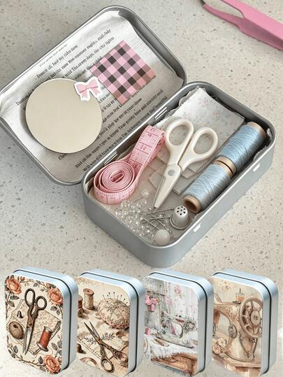 Sewing Themed Metal Tin Box, Rectangular Hinged Storage Box, DIY Mini Portable Storage Box, Compact Storage Container And Mini Foldable Metal Box, Perfect For Storing Jewelry, Pills, Sewing Supplies, Etc., Home Essential, Storage For School Desk Supplies, Office Supplies, Halloween Gift.