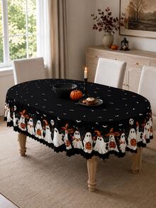 1 buah Taplak Meja Hantu Halloween Hitam, Hantu Putih, Lentera , Kelelawar, Jaring Laba-laba dan Cetakan Tanda BOO, Desain Tepi Bergelombang, Cocok untuk Pesta, Meja Makan dan Dekorasi Liburan Rumah - MultiWarna - View 3