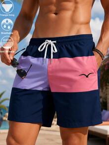 Men's Colorblock Print Drawstring Elastic Waist Slanted Pocket Mesh Lining Casual Vacation Beach Shorts - Multicolor - View 3