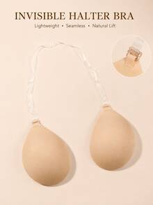 2/1pc Plus Size Invisible Halter Adhesive Bra, Detachable Transparent Strap Adhesive Bra, Seamless Backless Bra, Suitable For Dresses And Summer Outfits - Apricot - View 2