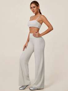 TimeOff Women's One Set Solid Color Spaghetti Strap Backless Bra High Waist Tummy Control Wide Leg Pants Sports Set - Apricot - View 3