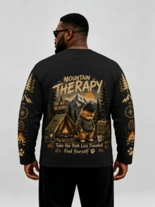 Men's Plus Size Long Sleeve T-Shirt, Forest Cat Head Print, Outdoor Casual Crew Neck Top, Regular Street Style Autumn Wear, Machine Washable, Autumn/Winter Essential, Comfortable Everyday Apparel - Multicolor - View 3