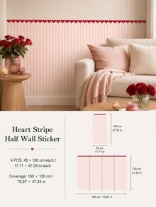 1pc/4pcs Heart Stripe Half Wall Decal, Removable & Peel And Stick Wall Sticker, Suitable For Bedroom, Living Room And Entryway, 4 Colors Available - Heart Pinstripe - View 25