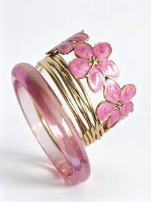 3pcs Vintage Vibrant Enamel Floral Stainless Steel Gold Elegant Floral Bracelet Set, High Street Fashion Resin Translucent Bright Summer Mix & Match Jewelry, Elegant Enamel Open Bangle Bold Aesthetic Accessory Stackable - Flower Set - View 9