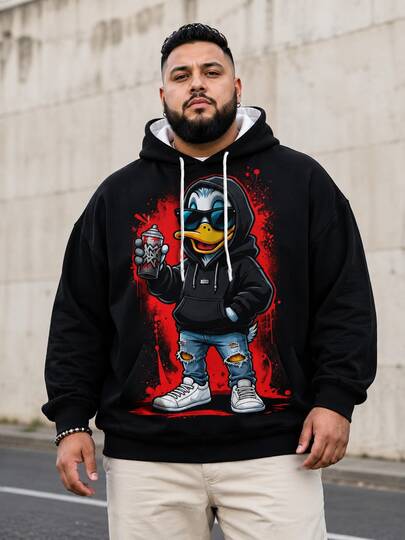 Men's Plus Size Casual Hoodie Sweatshirt, Polyester Knit Fabric, Comfortable And Breathable, Fashionable Casual Cute Fun "Graffiti Spray Paint Hood Duck" Pattern, Streetwear Loose Fit Top, Unique Novel Fresh Series