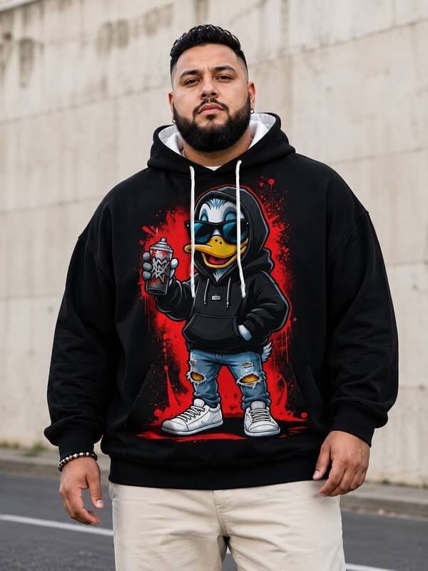 Men's Plus Size Casual Hoodie Sweatshirt, Polyester Knit Fabric, Comfortable And Breathable, Fashionable Casual Cute Fun "Graffiti Spray Paint Hood Duck" Pattern, Streetwear Loose Fit Top, Unique Novel Fresh Series