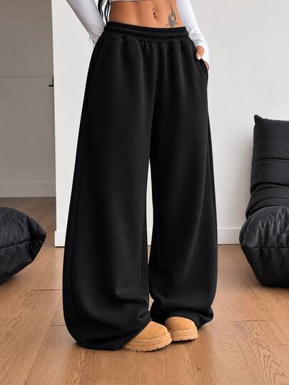Calça Wide Leg Moletom Sem Estampa Lisa Confortavel Quente Flanelada Estilosa Baggy Perna Larga
