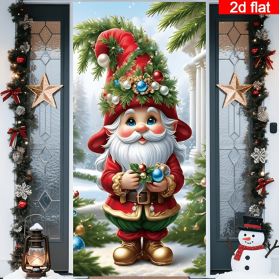 2D Flat Christmas Elf Door Curtain, Cute Cartoon Character With Christmas Decorations, Red And Green Color Scheme, Durable Polyester, No Power Required, Suitable For Christmas Theme Decor, Can Be Used For Indoor/Outdoor Wall, Door And Window Decoration, Holiday Atmosphere Decoration, Home, Shopping Mall, Studio, Outdoor Scene Universal, Polyester Material, No Power Required