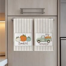 2pcs Light Brown Vertical Stripe Truck & Pumpkin Pattern Kitchen Towels, 40*60cm Soft Microfiber Tea Towels, Suitable For Home Kitchen Restaurant Outdoor Camping Tabletop Cleaning Dish Cloth Hand Towel Accessories, Autumn Atmosphere Holiday Gift - Multicolor - View 6