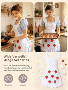Cute Women's Long Strawberry Print Maid Apron With Shoulder Straps, Ruffle Lolita Kitchen Apron For Cooking, Baking, Housework And Cosplay - Multicolor - View 7