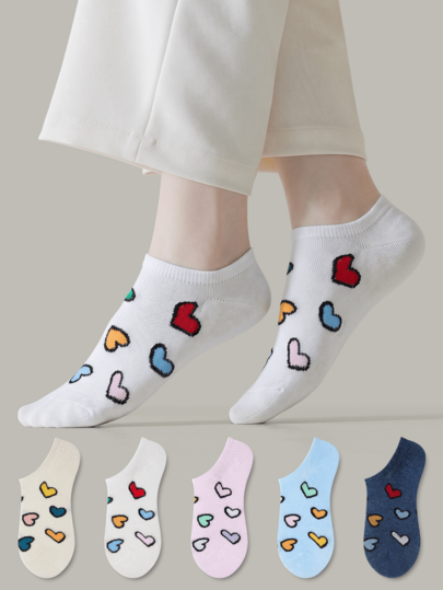 ZUJO 5 Pairs Women's Candy Color Short Socks, Heart Pattern, Suitable For Spring/Summer Daily Wear, Simple And Comfortable, Random Colors
