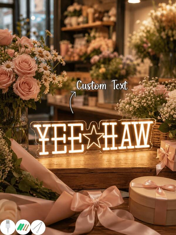 1 pieza Letrero de neón LED personalizado con texto y diseño de estrella occidental, luz de pared de acrílico blanco cálido personalizada para fiesta de vaqueros, boda campestre, bar, dormitorio o decoración de eventos, letrero regulable alimentado por USB, regalo de cumpleaños único para amantes del estilo occidental