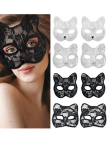 2件組萬聖節嘉年華蕾絲半臉貓咪化裝舞會面具 Cosplay 動物黑白貓臉 - A - 查看 1