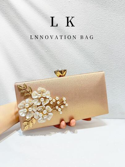 1pc Luxury Women's Wedding Party Handbag/Wallet, Pearl Flower Clutch Bag, Elegant Crystal Rhinestone Wedding Banquet Bag With Chain, Suitable For Formal Occasions Like Banquet, Wedding, Party, Also Can Be A Gift For Ladies