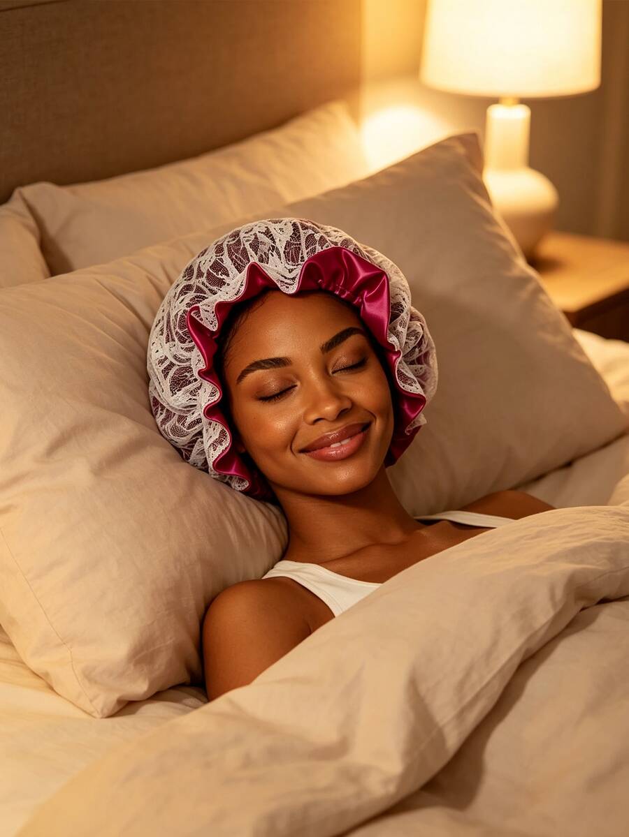YPGVUO Lace Overlay Satin Sleep Bonnet, Ruffle Trim Night Hair Cap For Bedroom Overnight Curly Hair Protection, Delicate Birthday Holiday Gift For Women - Multicolor - View 1