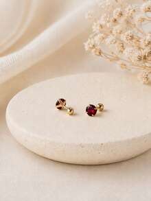 1pair 925 Sterling Silver Earring With Red Ruby & Cubic Zirconia, Fashionable Mini Daily Casual Women's Stud Earring Holiday - Yellow Gold - View 5