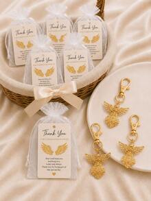 20 Sets Travel Guardian Angel Keychain Favors, Includes Organza Bags And Blessing Cards, Suitable For Baby Shower, Gender Reveal, Birthday, Baptism, Anniversary And Guest Return Gifts - Gold - View 7